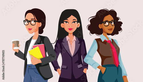 Three Happy Elegant Business Women Standing Together Vector Illustration. Smiling co-workers cooperating in an entrepreneurial project
