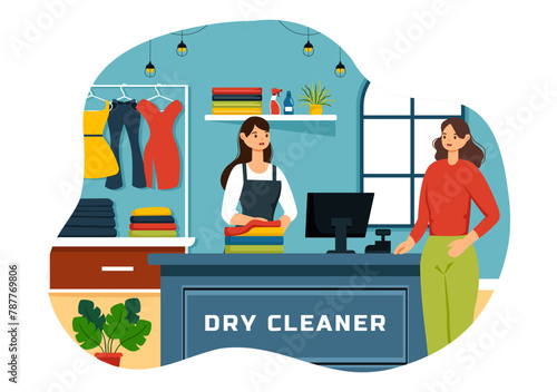 Dry Cleaning Store Service Vector Illustration with Washing Machines, Dryers and Laundry for Clean Clothing in Flat Cartoon Background Design