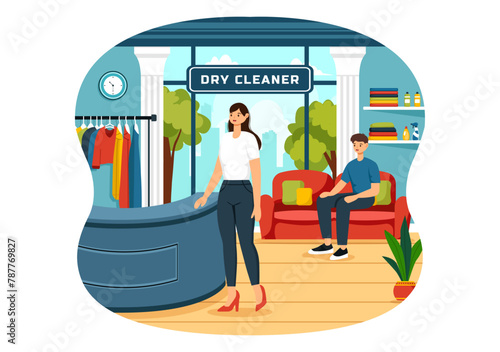 Dry Cleaning Store Service Vector Illustration with Washing Machines, Dryers and Laundry for Clean Clothing in Flat Cartoon Background Design