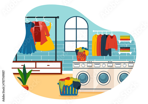 Dry Cleaning Store Service Vector Illustration with Washing Machines, Dryers and Laundry for Clean Clothing in Flat Cartoon Background Design
