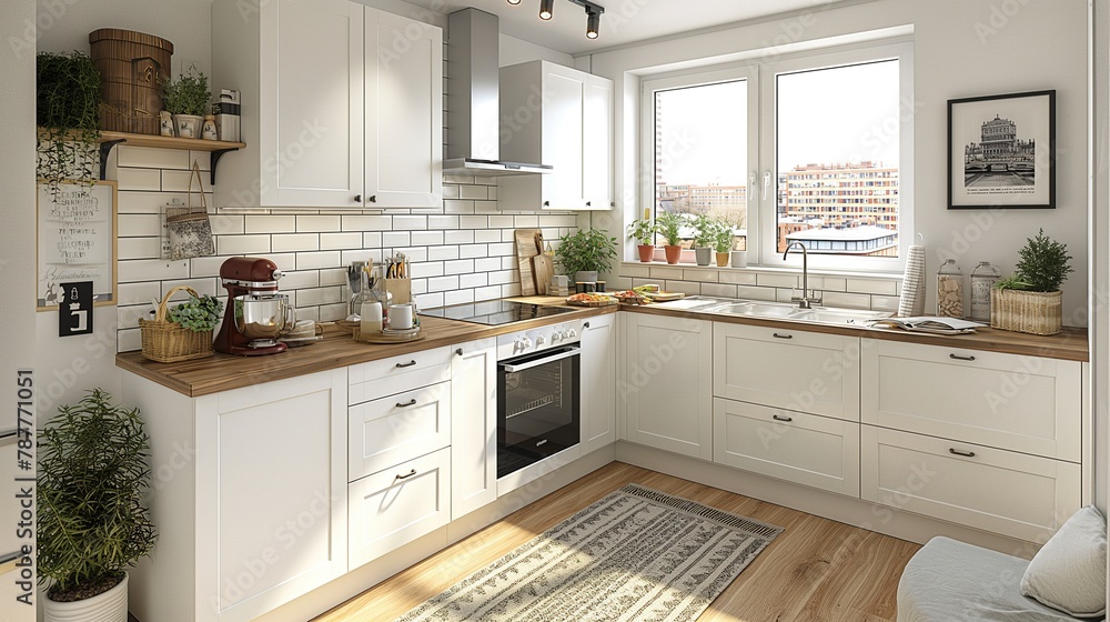 Interior design of a stylish open compact white color kitchen in an apartment with table and chears. With cozy decor and white tiles on the wall Interior design of a stylish open compact white color kitchen in an apartment with table and chears. With cozy decor and white tiles on the wall