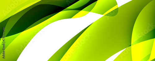 A symmetrical pattern resembling a green and yellow wave created by the closeup of terrestrial plant leaves. Electric blue accents add vibrancy to the design on a white background