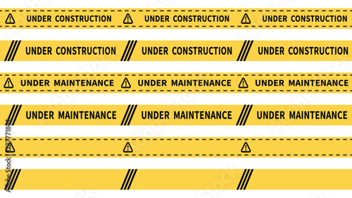 Under construction and under maintenance yellow barricade tape with black stripes. set of warning tape template. Vector seamless barrier line isolated on transparent background.