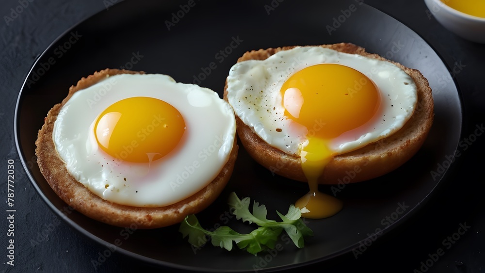 Fried eggs plated on black dish placed on black table Fried eggs plated on black dish placed on black table