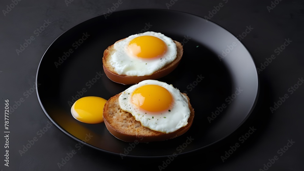 Eggs cooked sunny-side-up arranged on black plate over dark surface