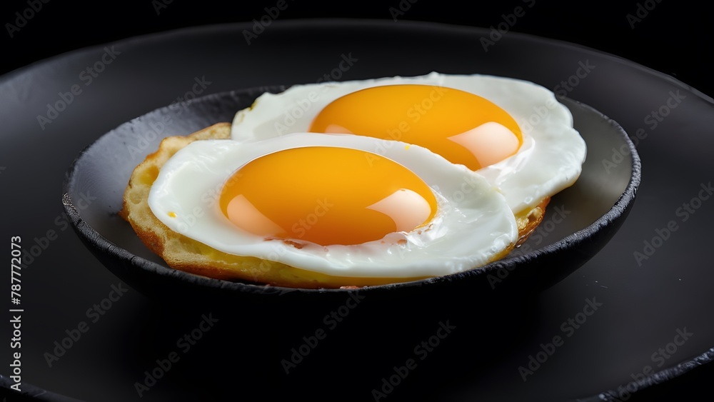 Sunny-side-up eggs plated on black dish on black countertop Sunny-side-up eggs plated on black dish on black countertop