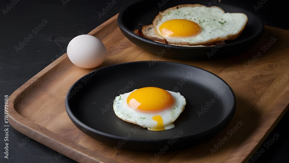 Fried eggs arranged on black plate on dark countertop Fried eggs arranged on black plate on dark countertop