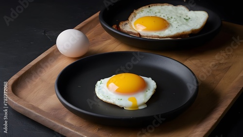 Fried eggs arranged on black plate on dark countertop
