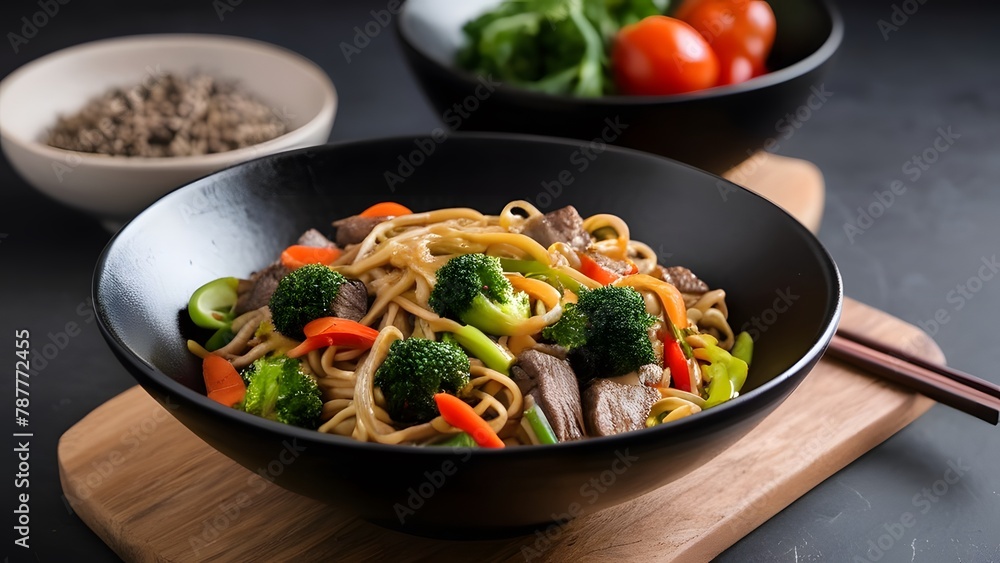 Spaghetti with beef in jet-black bowl on shadowy table Spaghetti with beef in jet-black bowl on shadowy table