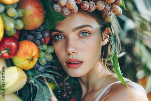 person surrounded with vegetables and fruits , healthy food, healthy lifestyle, wellness	