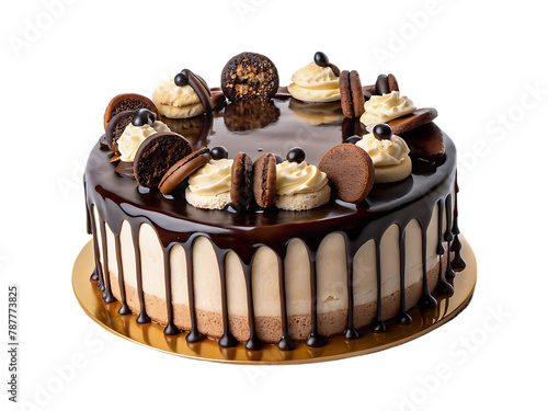 Cake poured with chocolate and decorated with different cookies on a transparent background photo