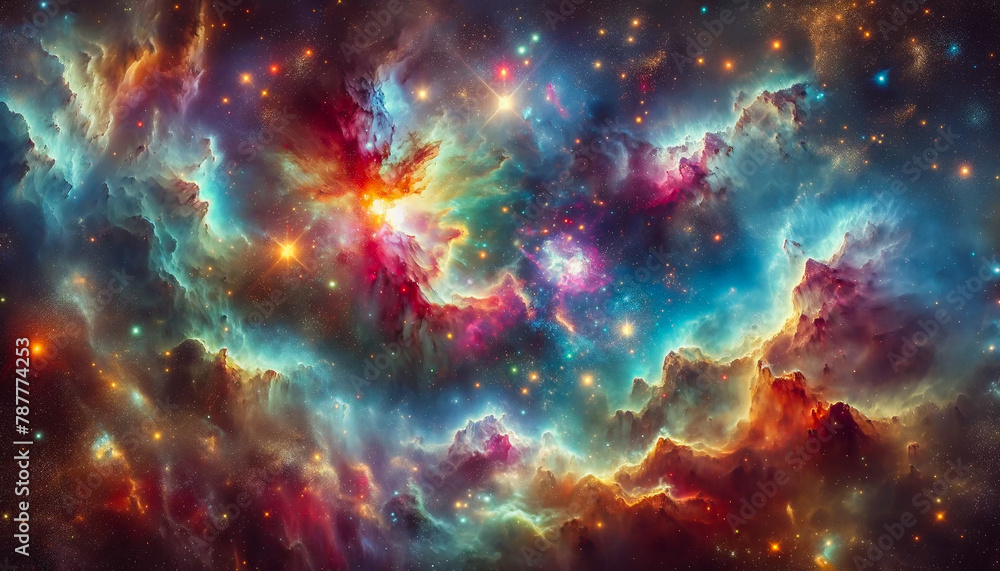 Naklejka premium Vibrant and colorful chaos of a nebula, where stars are born and cosmic beauty abounds.