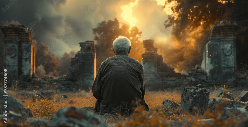 Man Standing in Field Next to Cemetery