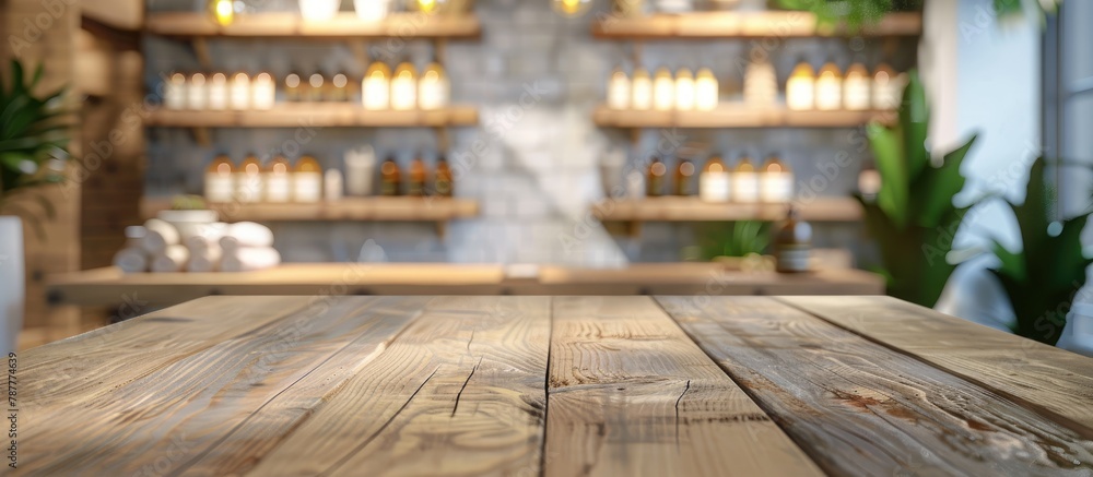 Wooden table against a blurred backdrop of shelves in a spa salon bathroom.