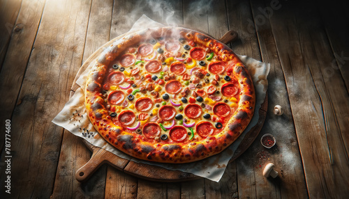 Freshly baked pepperoni pizza with olives, peppers, and mushrooms is ready to be served on a rustic wooden table