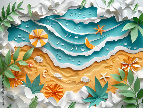 summer time  with a flowing sea sand sun surrounded by tall trees and lush greenery Tags: nature, landscape, river, trees, peaceful.concept paper cut craft summer on the beach. photo
