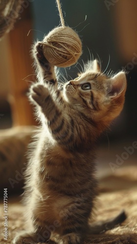 Playful kitten flicks a ball of yarn