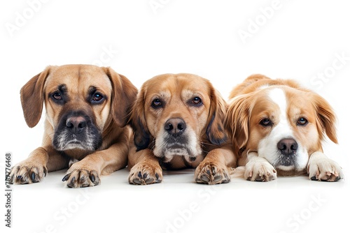 Three dogs are laying down together on a white background one is brown and the other is white and