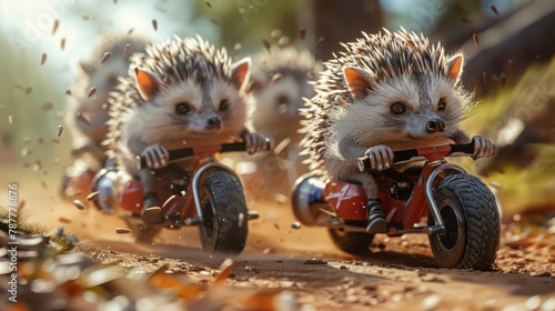 hedgehogs riding unicyles racing down a hill, 16:9 photo