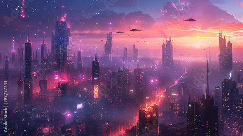Futuristic Night City: Neon Lights, Flying Cars, Skyscrapers