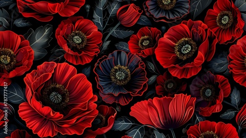 Seamless red poppy pattern with intricate details for Black Day