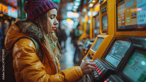 Woman Using Machine in Subway Station photo