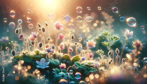 Enchanted Sunrise in Misty Flower Meadow - Fantasy Landscape with Iridescent Bubbles
