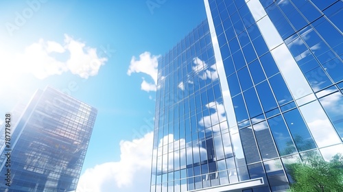 Sleek Elegance: Modern Office Building Against a Blue Sky with Glass Facade