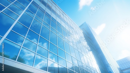 Sleek Elegance  Modern Office Building Against a Blue Sky with Glass Facade  
