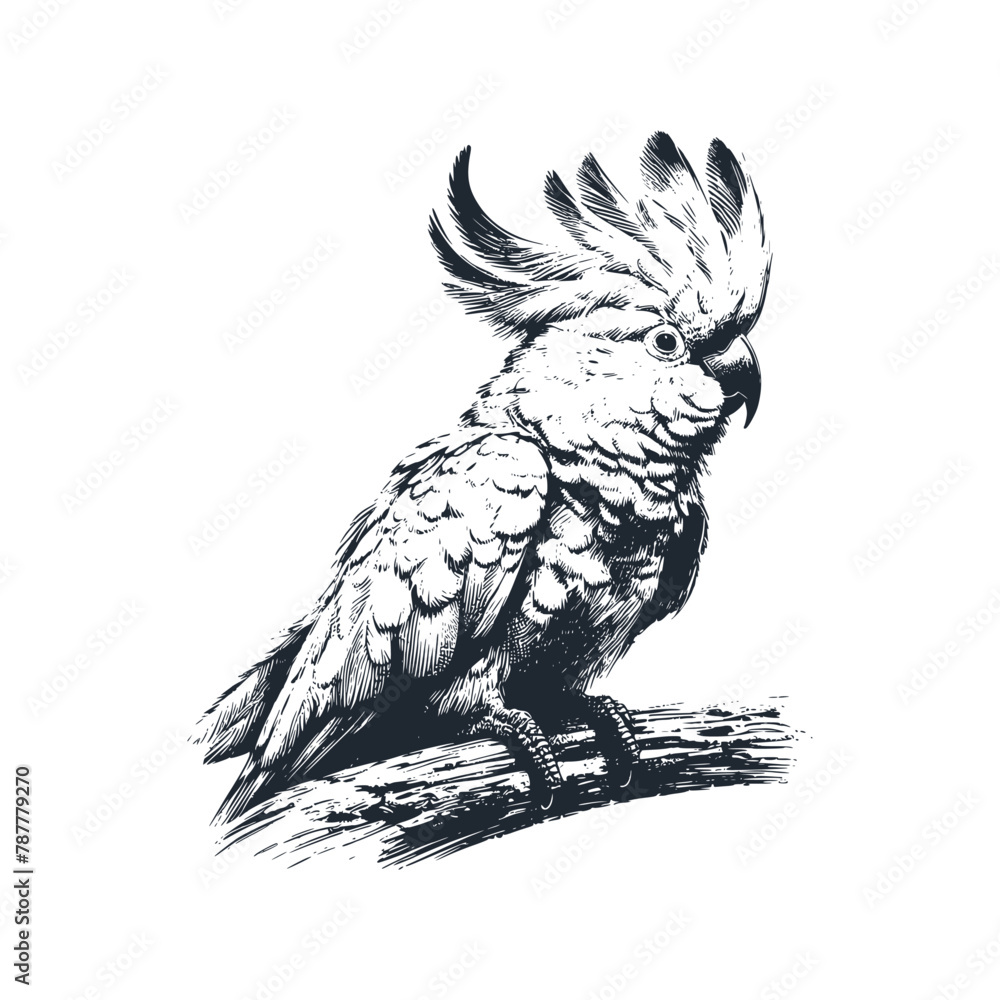 The white parrot. Black white vector illustration.	