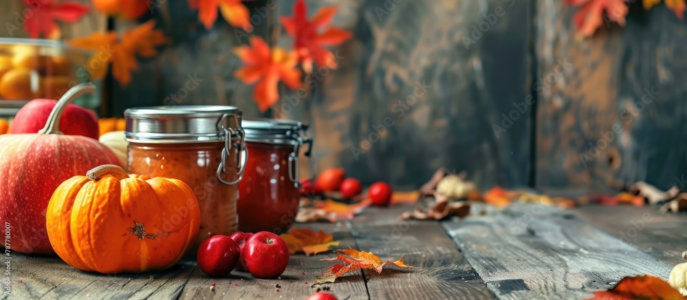 Fall ingredients and kitchen tools for autumn cooking. Vegetables, pumpkin, red apples, canned goods, autumn leaves on a wooden cabinet, space for text. Getting ready for Thanksgiving dinner.