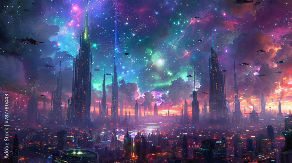 Fototapeta premium Futuristic Night City: Neon Lights, Flying Cars, Skyscrapers