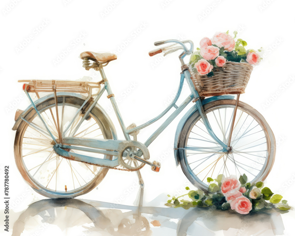 Bicycle with basket and flowers. Symbol of France. Watercolour isolated illustration on white background.
