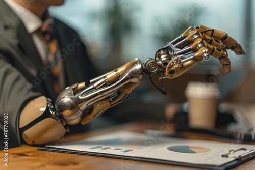 A robotic arm at a business meeting symbolizes advanced technology in the workplace.