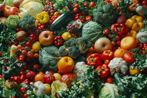 An abundant display of colorful fruits and vegetables showcasing biodiversity.