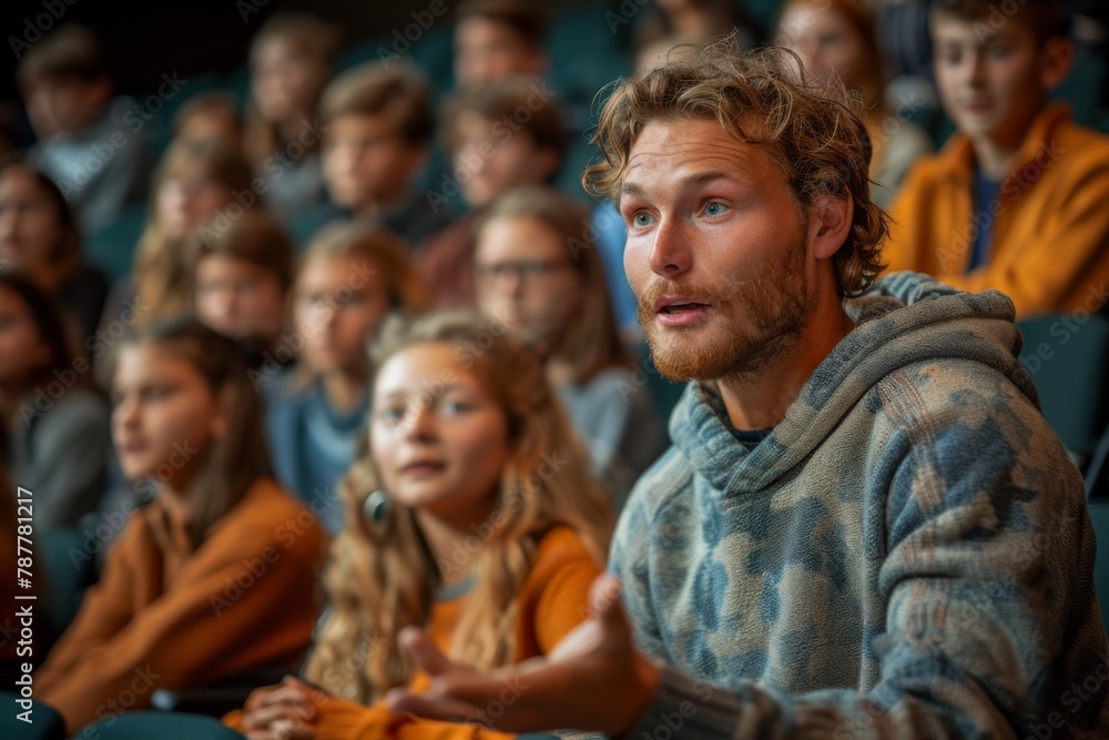 A young man actively engages with his audience during a public speaking event. A young man actively engages with his audience during a public speaking event.