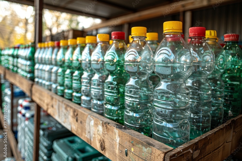 Rows of empty green plastic bottles with yellow and red caps stored on wooden shelves. Rows of empty green plastic bottles with yellow and red caps stored on wooden shelves.