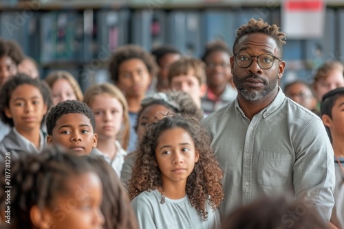 A man stands confidently in front of a diverse group of high school students.