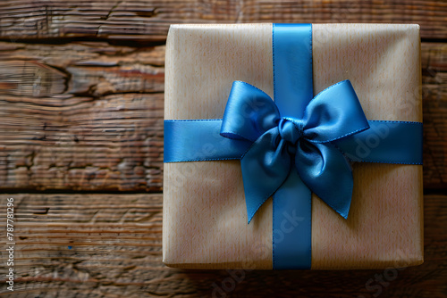 Beige gift box with blue bow on brown wooden background, perfect for special occasions and holidays.