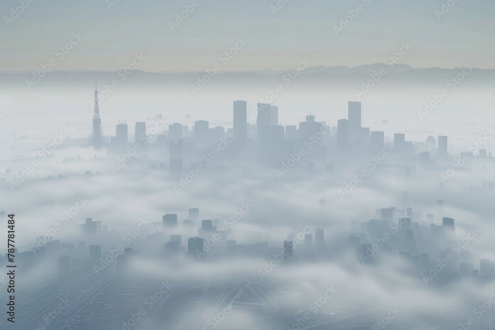 A city skyline shrouded in dense smog with visible air pollution, overcast skies. A city skyline shrouded in dense smog with visible air pollution, overcast skies.