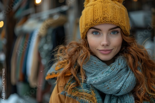 A cheerful young woman wearing a mustard yellow beanie and scarf, with a vibrant smile.