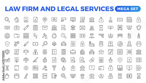 legal outline icon set such as thin line divorce, protection law, diploy, law enforcement, firm, police badge, services icons for report, presentation, diagram.Simple elegant collection , justice set.