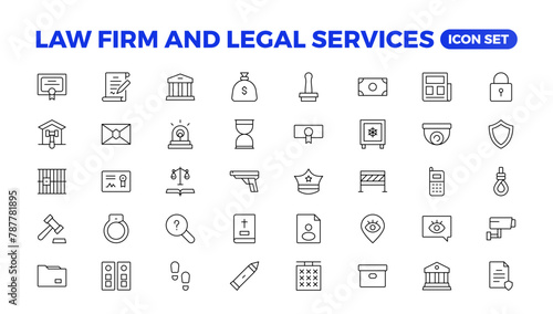 legal outline icon set such as thin line divorce, protection law, diploy, law enforcement, firm, police badge, services icons for report, presentation, diagram.Simple elegant collection , justice set.