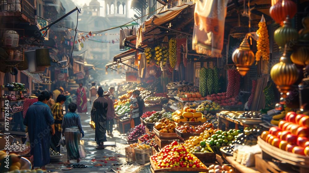 Vibrant Market Scene: Colorful Stalls, Exotic Fruits, Lively Vendors