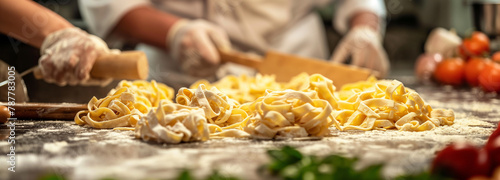 Italian Cooking Class People learn to make pasta from scratch. Surrounded by ingredients and cooking equipment