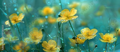 Nature concept featuring a stunning backdrop of fresh yellow flowers adorned with dew.