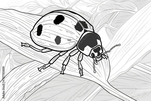 Coloring page featuring ladybug standing on a leaf.