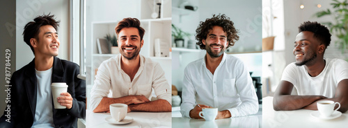 collage of happy multicultural friends, freelancers, young businessmen, drinking coffee and talking at home office, teleconference, virtual office, remote work,
