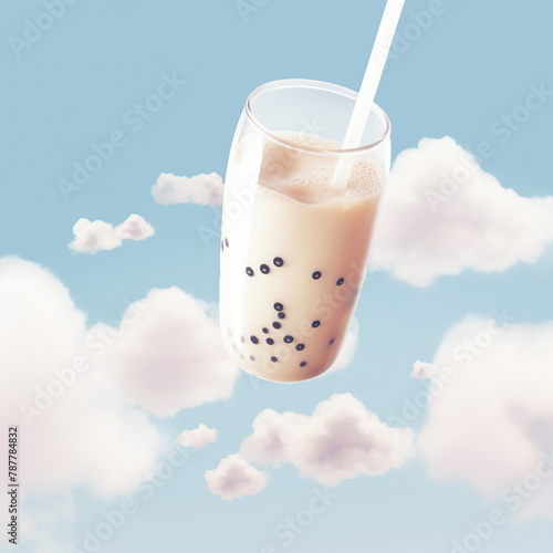 asthetic pic of cartoon bubble tea,white creamy plane background