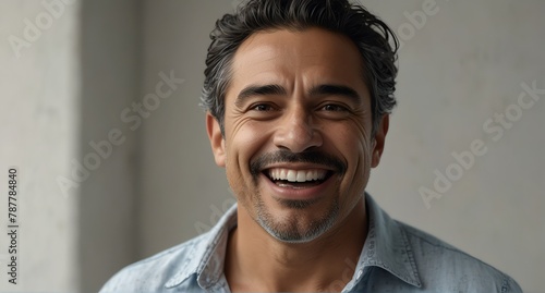 young mexican middle aged man on plain bright white background laughing hysterically looking at camera background banner template ad marketing concept from Generative AI photo